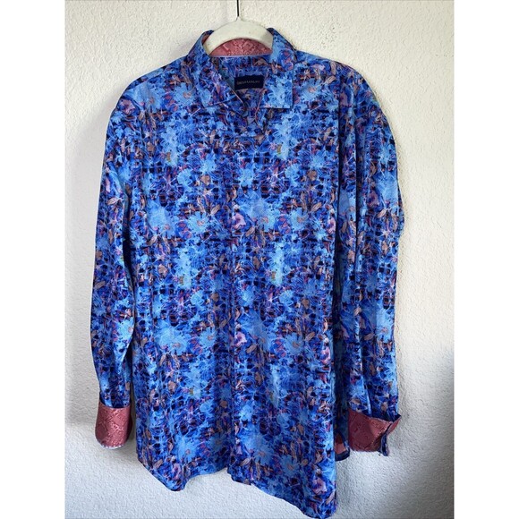 Gem Malki Men Floral Geometric Art Flip Cuff Long Sleeve Large Shirt Wild Retro - Picture 1 of 12
